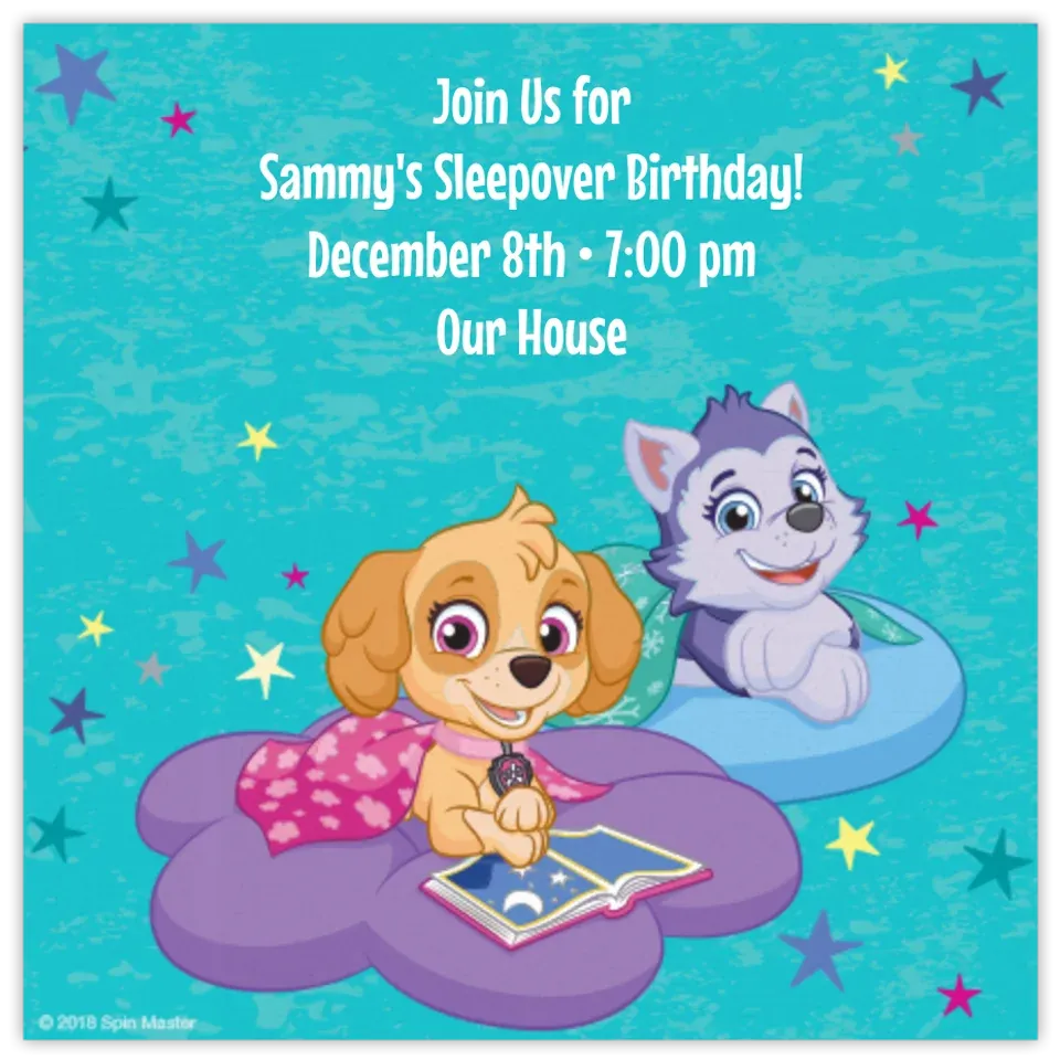 PAW Patrol Sleepover card
