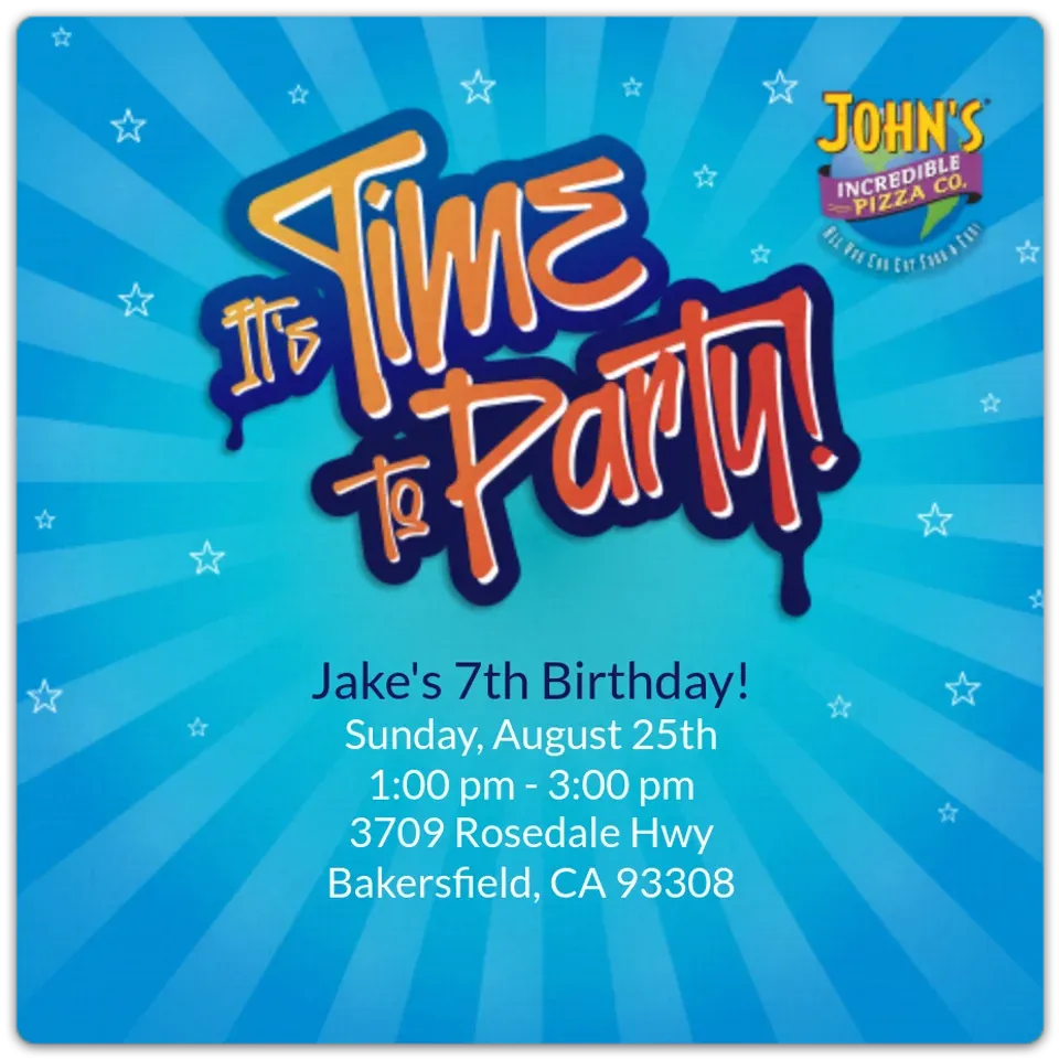 John's Incredible Pizza Co. Party card