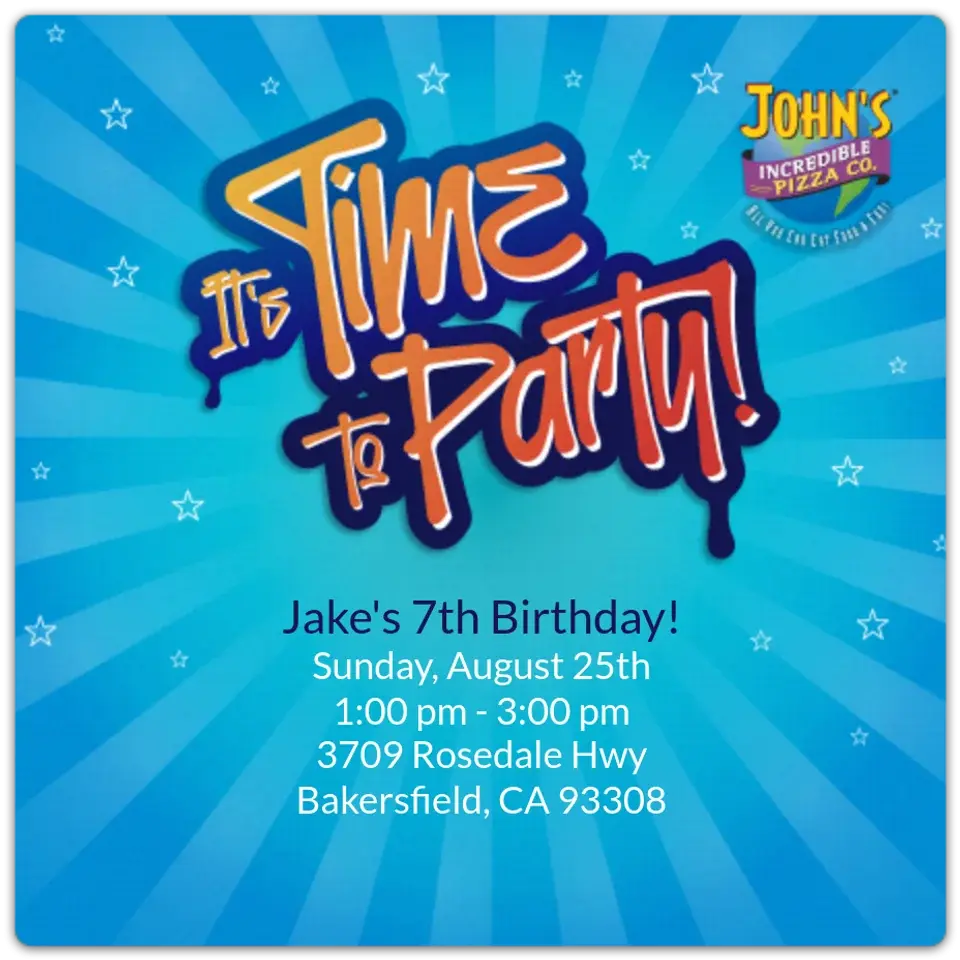 John's Incredible Pizza Co. Party card