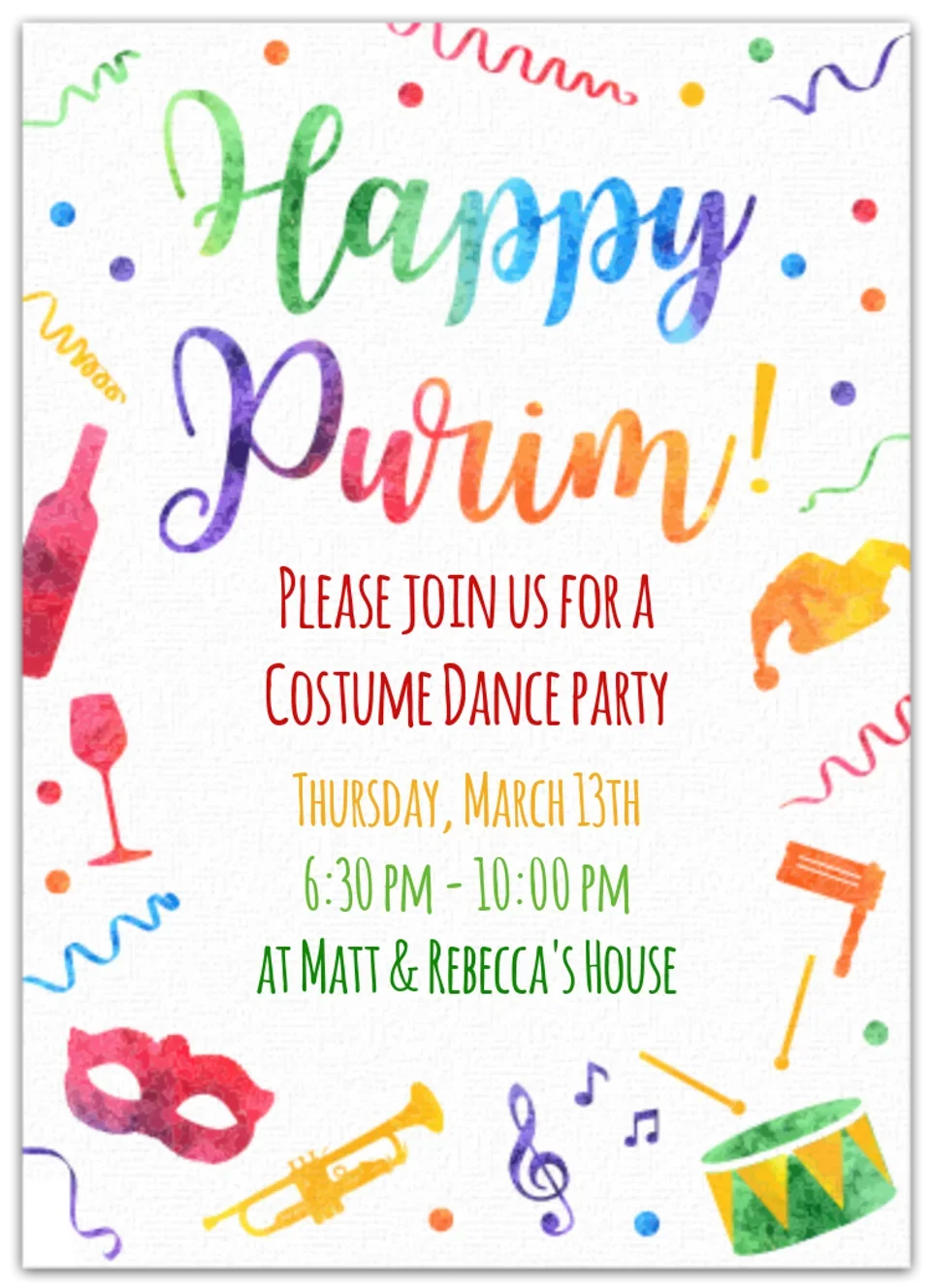 Purim Watercolor card image