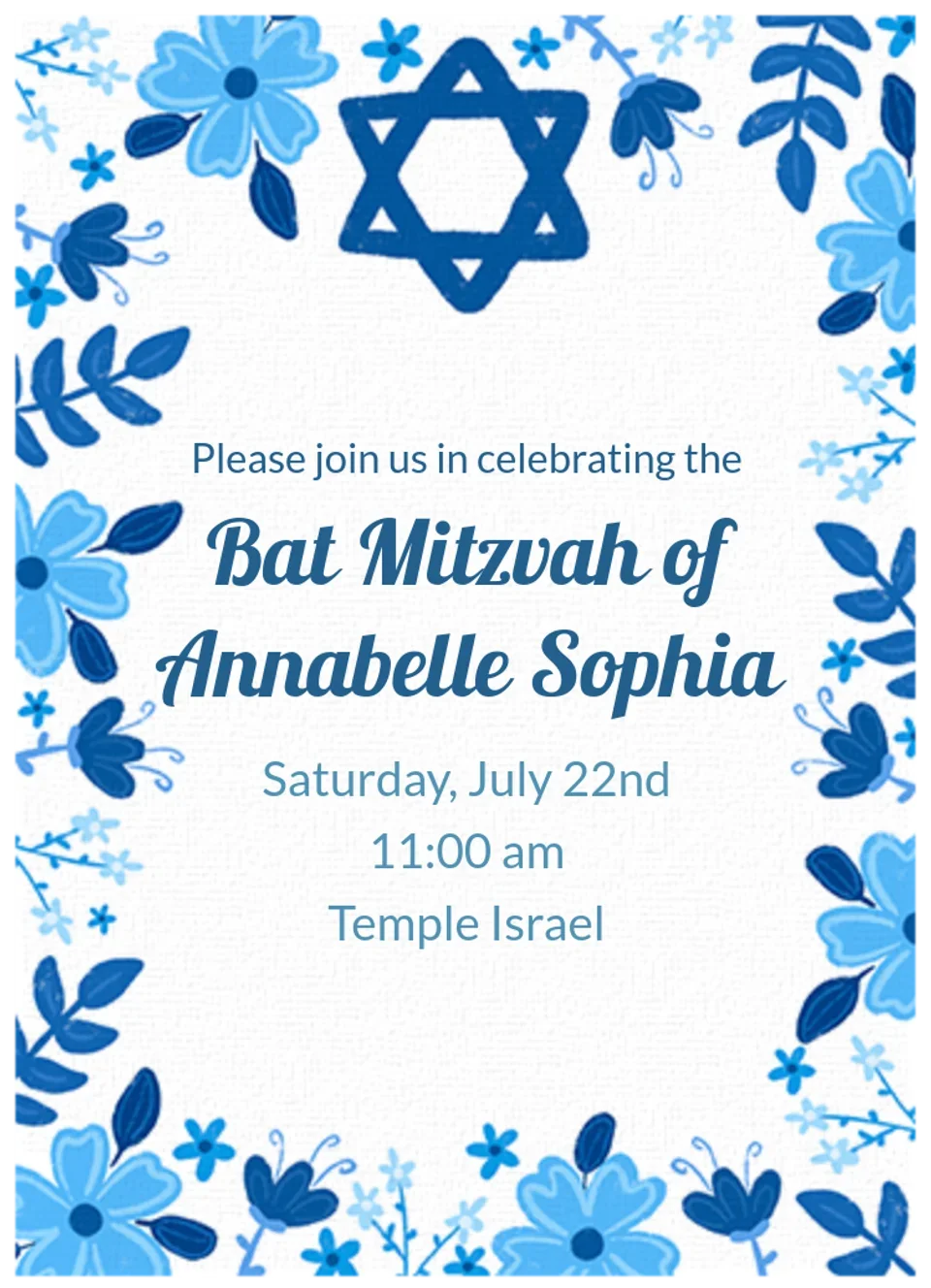 Blue Floral Mitzvah card image